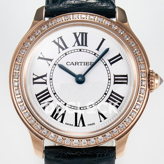 Cartier Ronde Louis Cartier 29mm Rose Gold Beige Dial Black Leather Stone Bezel Asian AAA+ Replica – dial front