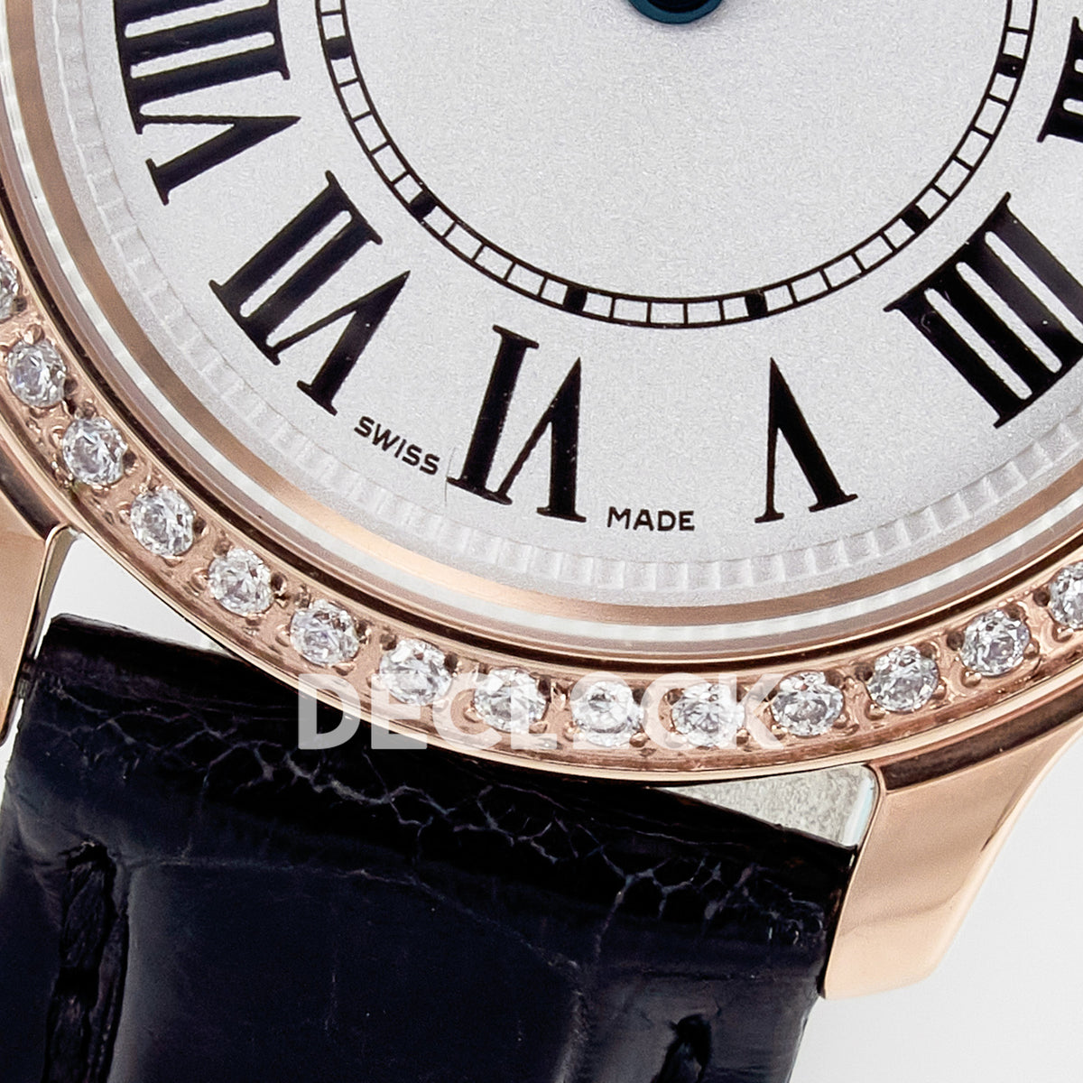 Cartier Ronde Louis Cartier 29mm Rose Gold Beige Dial Black Leather Stone Bezel Asian AAA+ Replica – dial lower detail