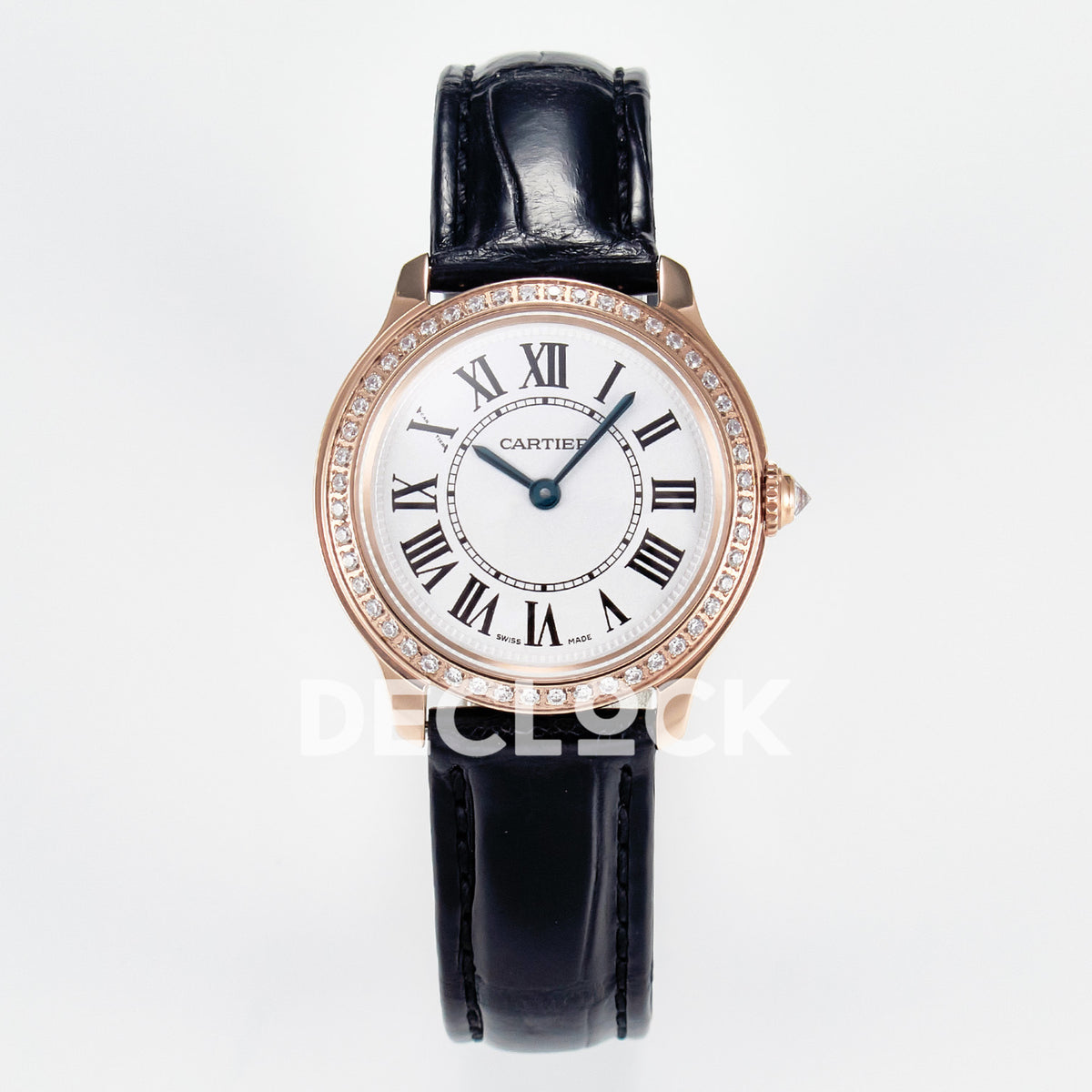 Cartier Ronde Louis Cartier 29mm Rose Gold Beige Dial Black Leather Stone Bezel Asian AAA+ Replica – front