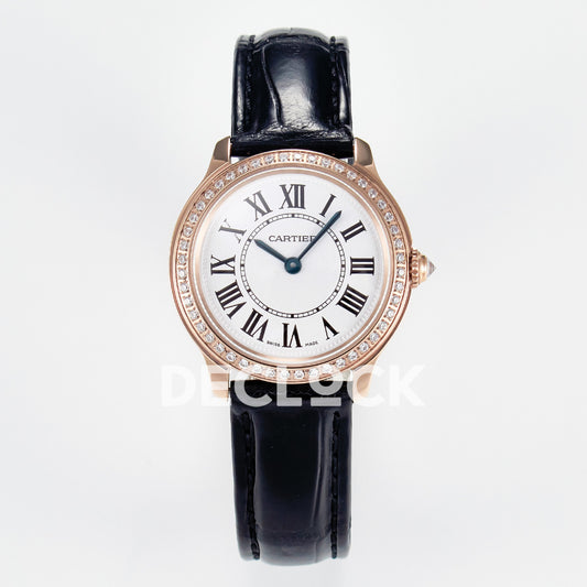 Cartier Ronde Louis Cartier 29mm Rose Gold Beige Dial Black Leather Stone Bezel Asian AAA+ Replica – front