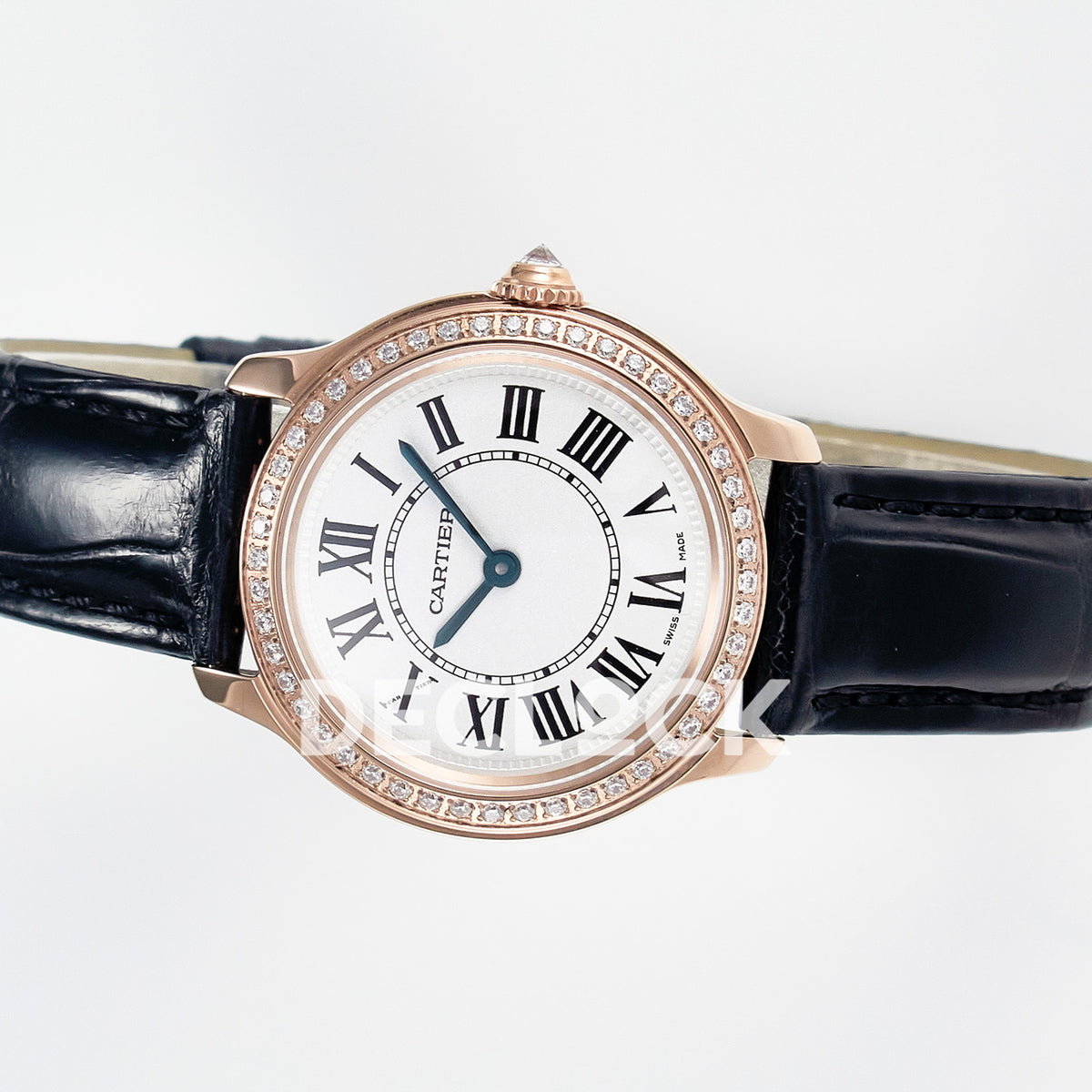 Cartier Ronde Louis Cartier 29mm Rose Gold Beige Dial Black Leather Stone Bezel Asian AAA+ Replica – side angle