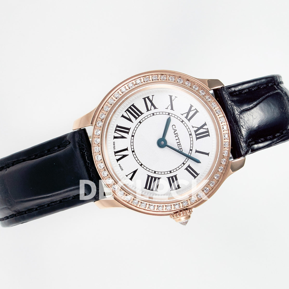 Cartier Ronde Louis Cartier 29mm Rose Gold Beige Dial Black Leather Stone Bezel Asian AAA+ Replica – strap view