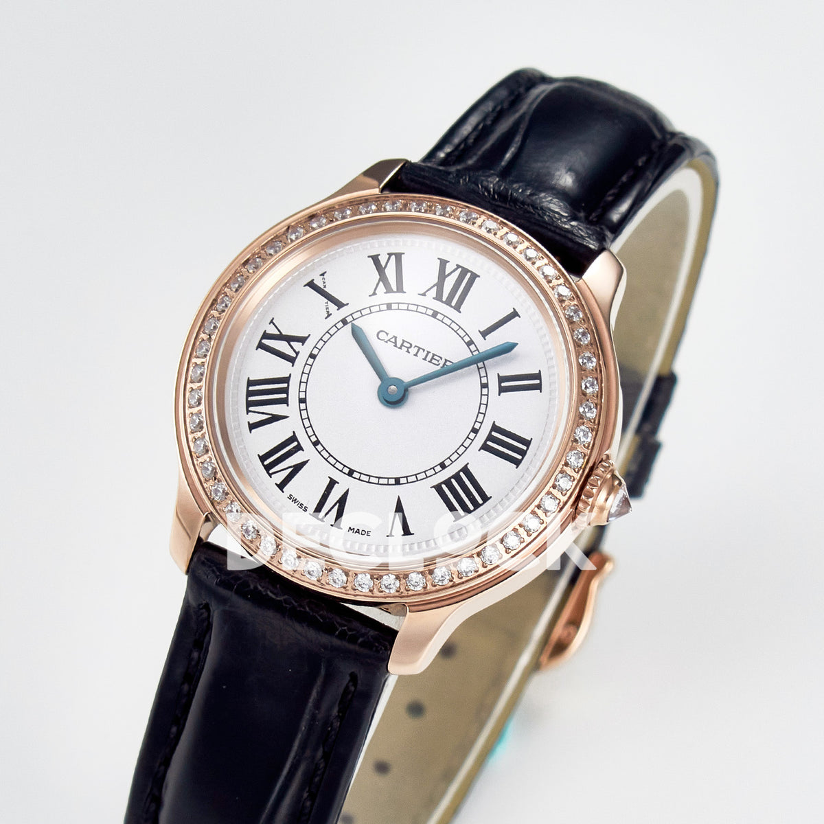 Cartier Ronde Louis Cartier 29mm Rose Gold Beige Dial Black Leather Stone Bezel Asian AAA+ Replica – three quarter