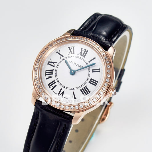 Cartier Ronde Louis Cartier 29mm Rose Gold Beige Dial Black Leather Stone Bezel Asian AAA+ Replica – three quarter