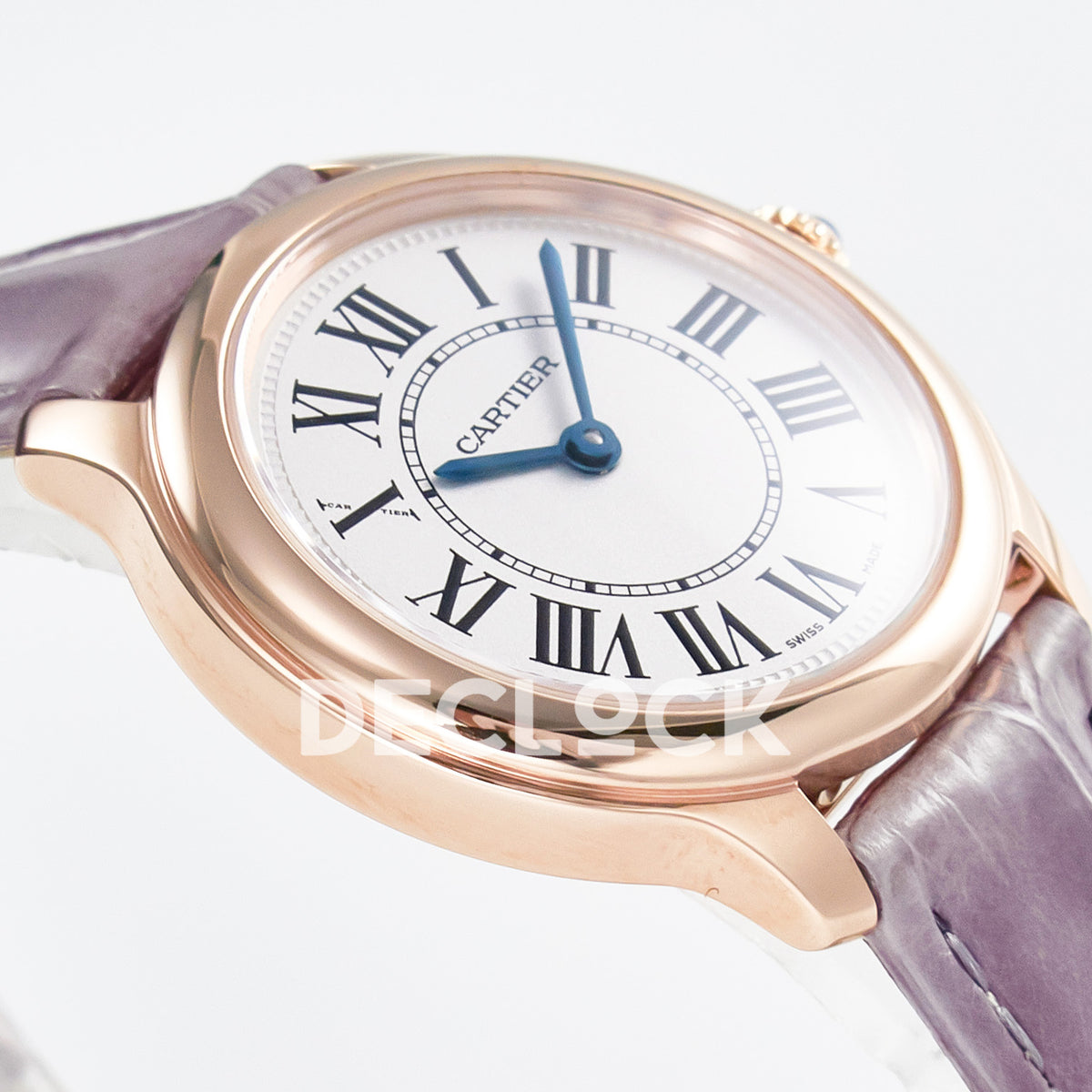 Cartier Ronde Louis Cartier 29mm Rose Gold Beige Dial Purple Leather Asian AAA+ Replica – case angle