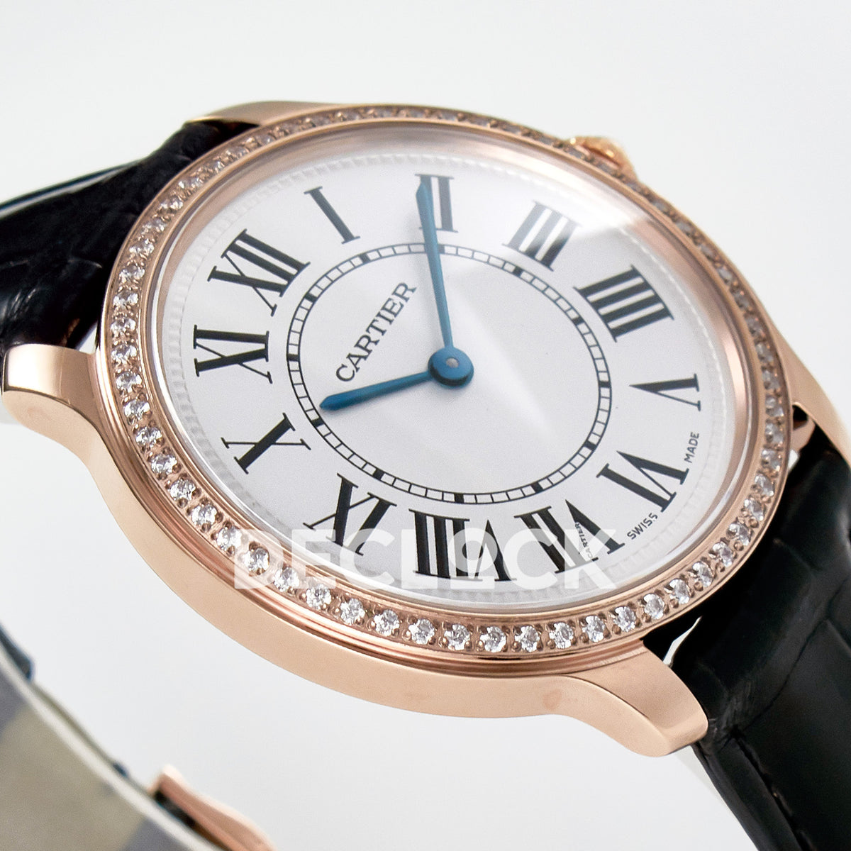 Cartier Ronde Louis Cartier 36mm Rose Gold Beige Dial Black Leather Stone Bezel Asian AAA+ Replica – case angle