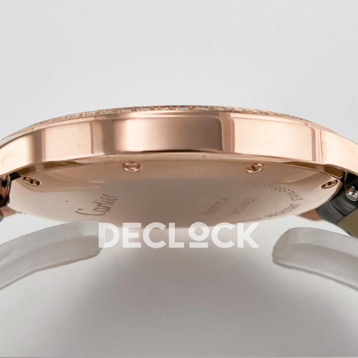 Cartier Ronde Louis Cartier 36mm Rose Gold Beige Dial Black Leather Stone Bezel Asian AAA+ Replica – case side