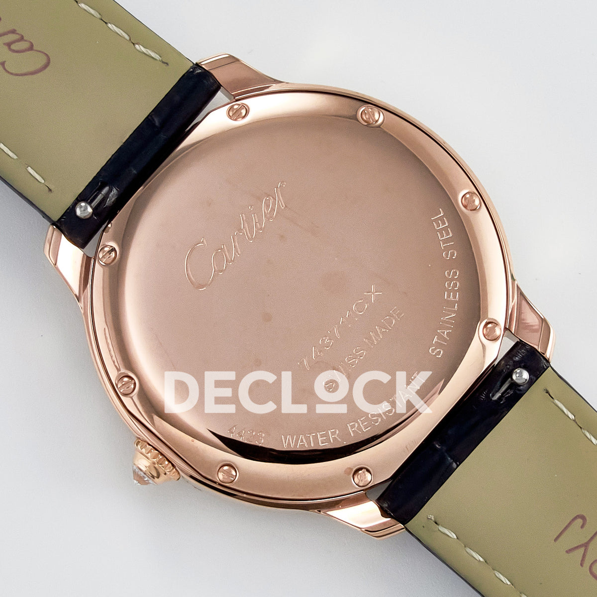 Cartier Ronde Louis Cartier 36mm Rose Gold Beige Dial Black Leather Stone Bezel Asian AAA+ Replica – caseback