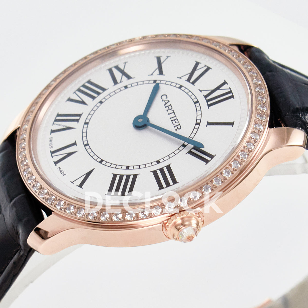 Cartier Ronde Louis Cartier 36mm Rose Gold Beige Dial Black Leather Stone Bezel Asian AAA+ Replica – crown angle