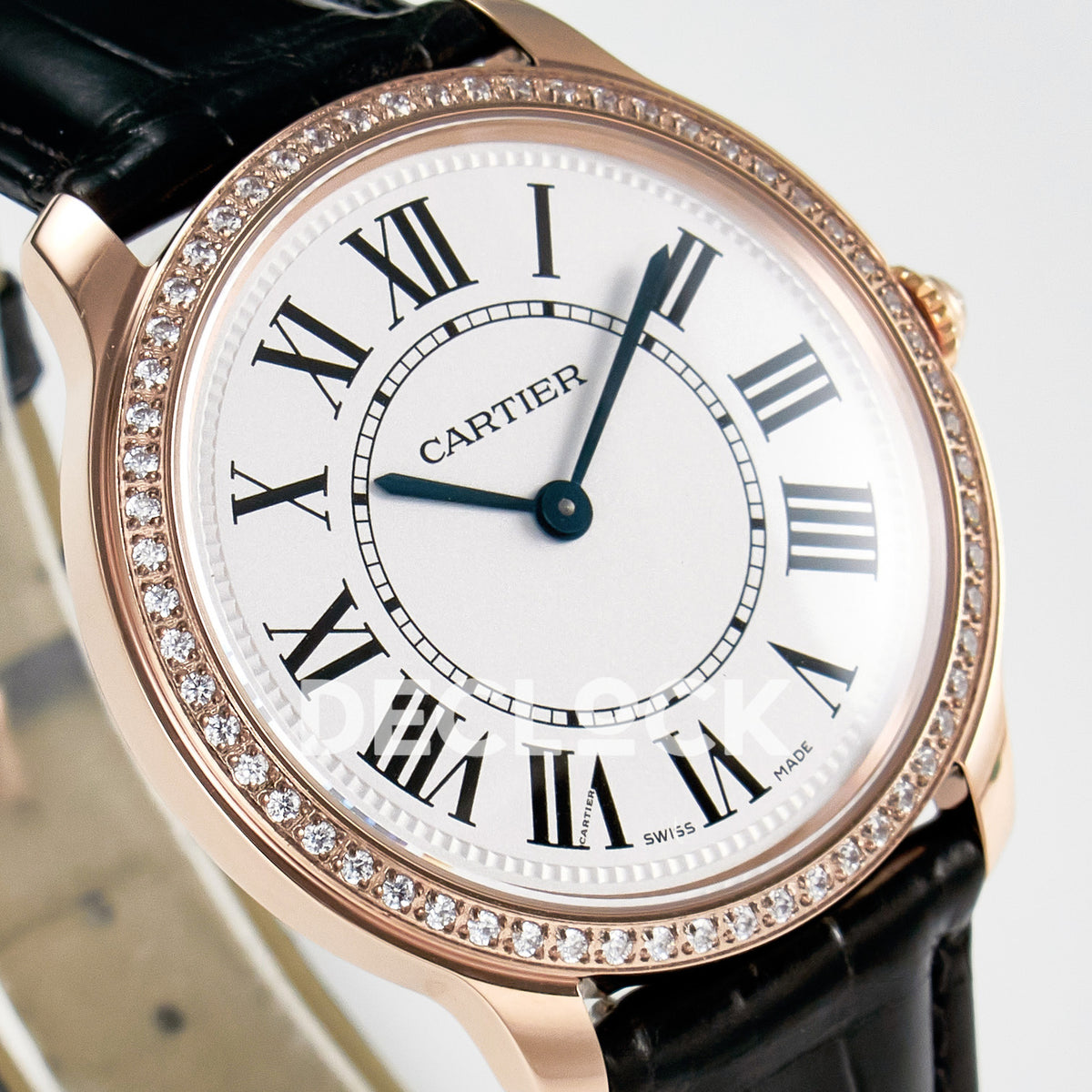 Cartier Ronde Louis Cartier 36mm Rose Gold Beige Dial Black Leather Stone Bezel Asian AAA+ Replica – dial angle