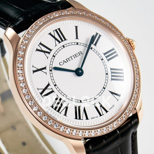 Cartier Ronde Louis Cartier 36mm Rose Gold Beige Dial Black Leather Stone Bezel Asian AAA+ Replica – dial angle