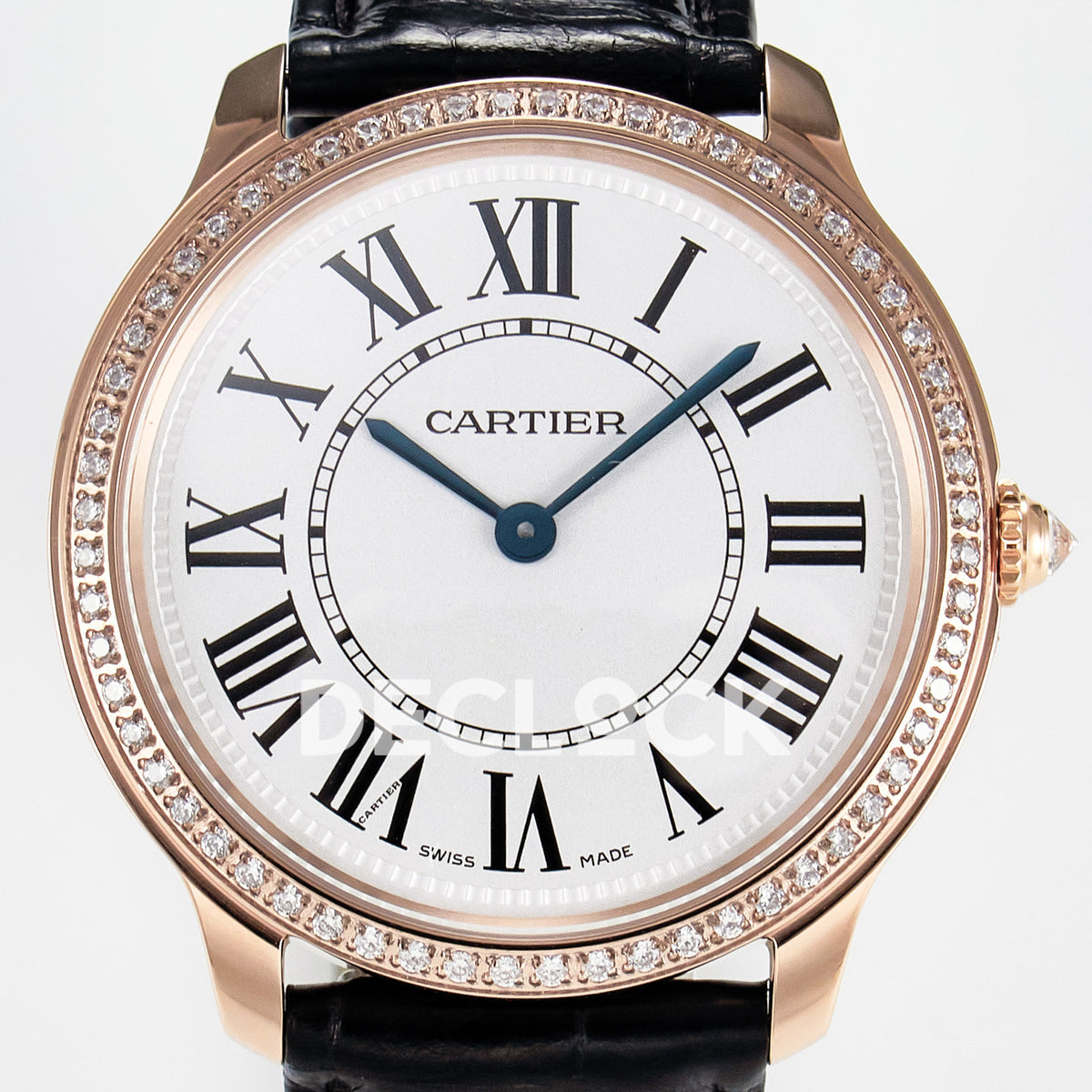 Cartier Ronde Louis Cartier 36mm Rose Gold Beige Dial Black Leather Stone Bezel Asian AAA+ Replica – dial front