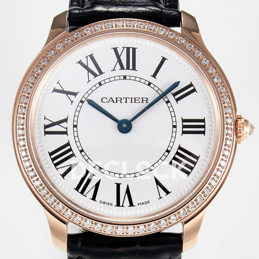 Cartier Ronde Louis Cartier 36mm Rose Gold Beige Dial Black Leather Stone Bezel Asian AAA+ Replica – dial front