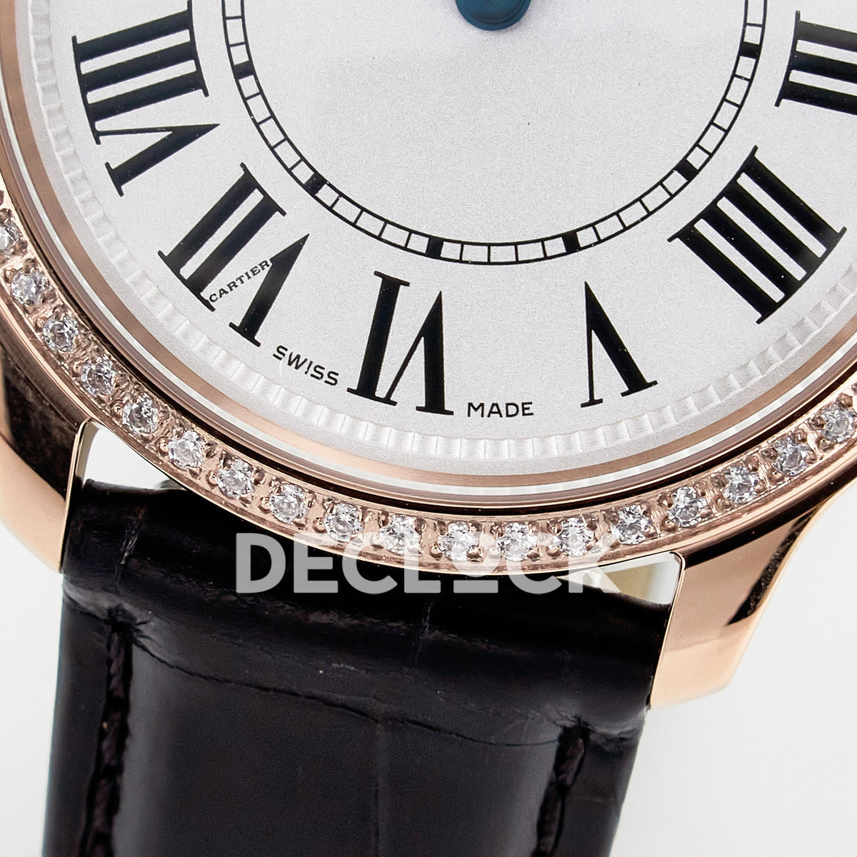 Cartier Ronde Louis Cartier 36mm Rose Gold Beige Dial Black Leather Stone Bezel Asian AAA+ Replica – dial lower detail