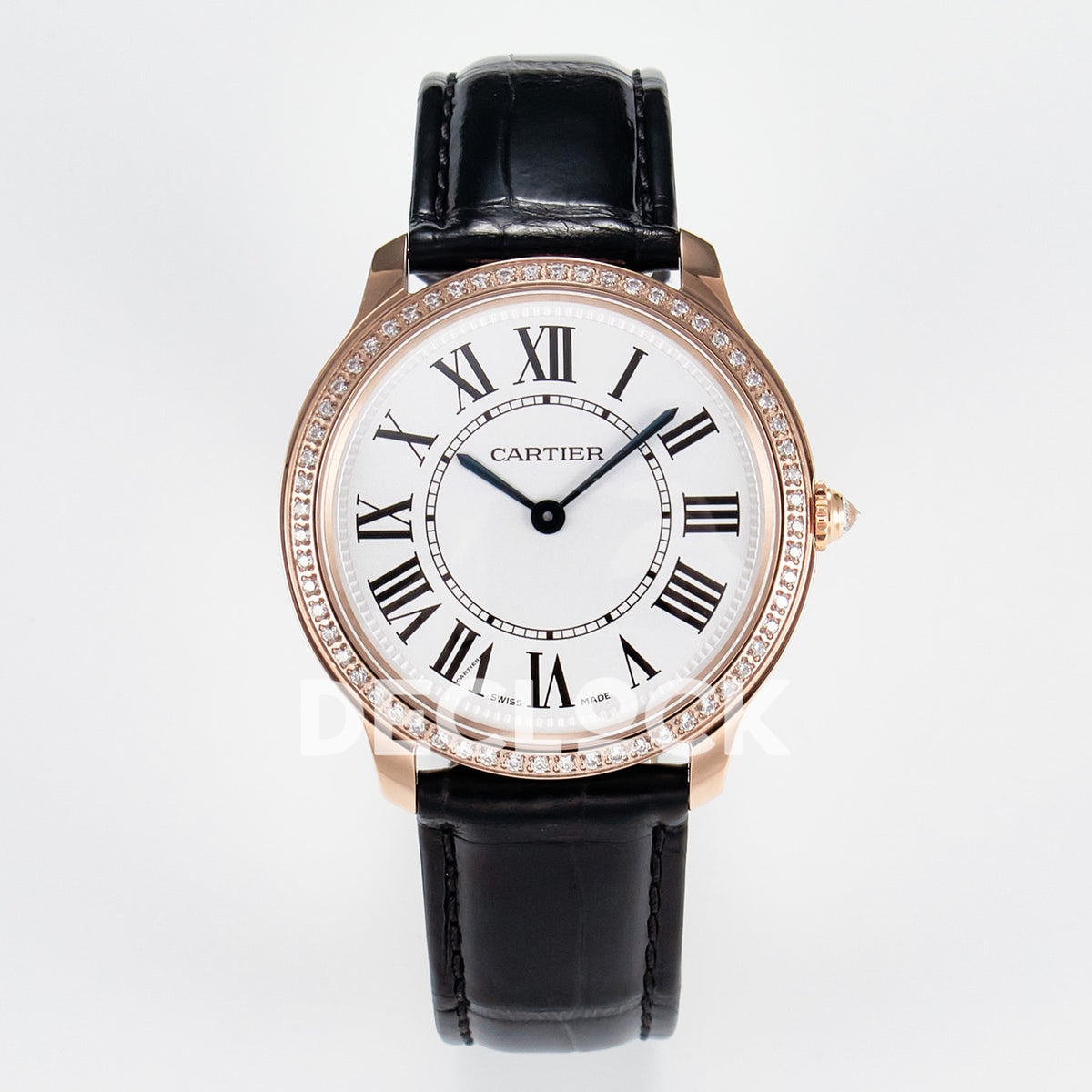 Cartier Ronde Louis Cartier 36mm Rose Gold Beige Dial Black Leather Stone Bezel Asian AAA+ Replica – front
