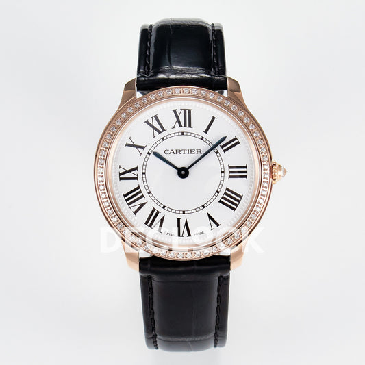 Cartier Ronde Louis Cartier 36mm Rose Gold Beige Dial Black Leather Stone Bezel Asian AAA+ Replica – front