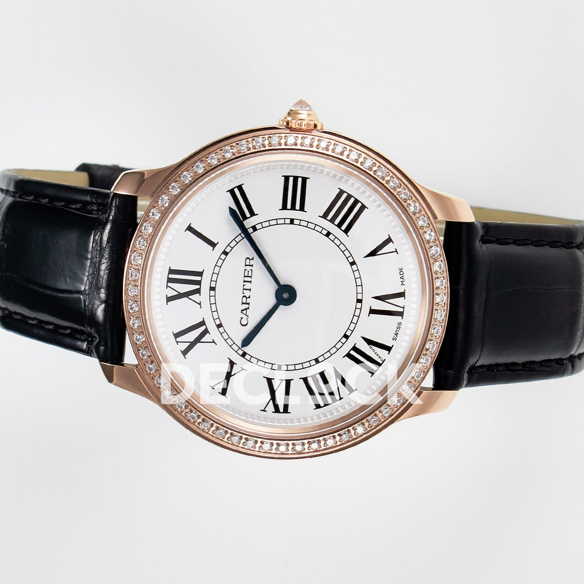 Cartier Ronde Louis Cartier 36mm Rose Gold Beige Dial Black Leather Stone Bezel Asian AAA+ Replica – side angle