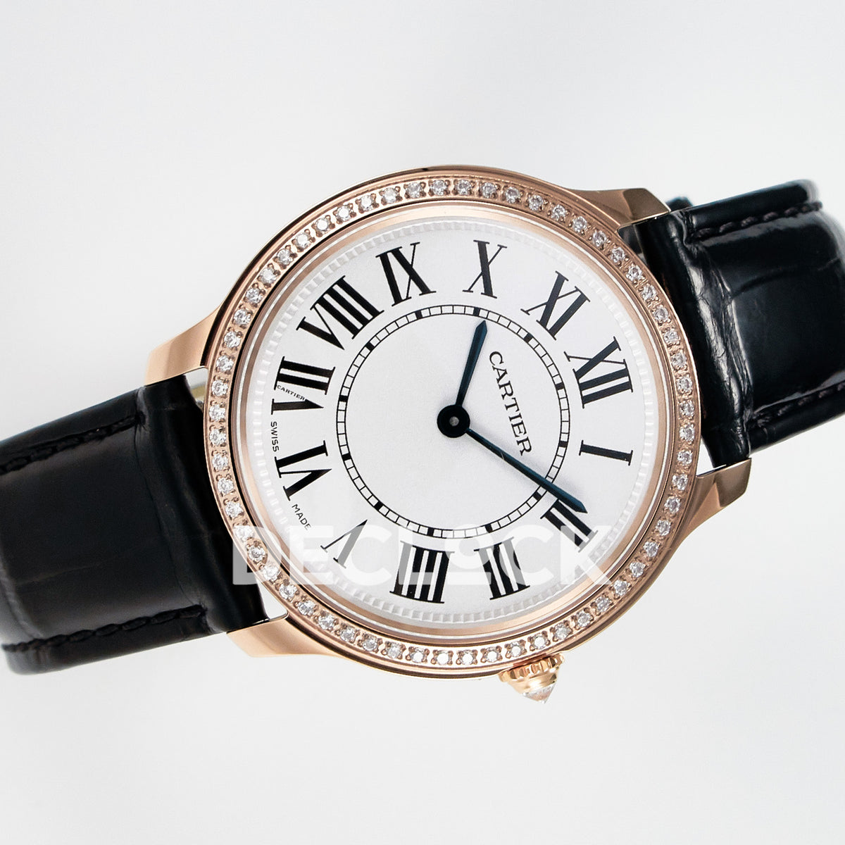 Cartier Ronde Louis Cartier 36mm Rose Gold Beige Dial Black Leather Stone Bezel Asian AAA+ Replica – strap view