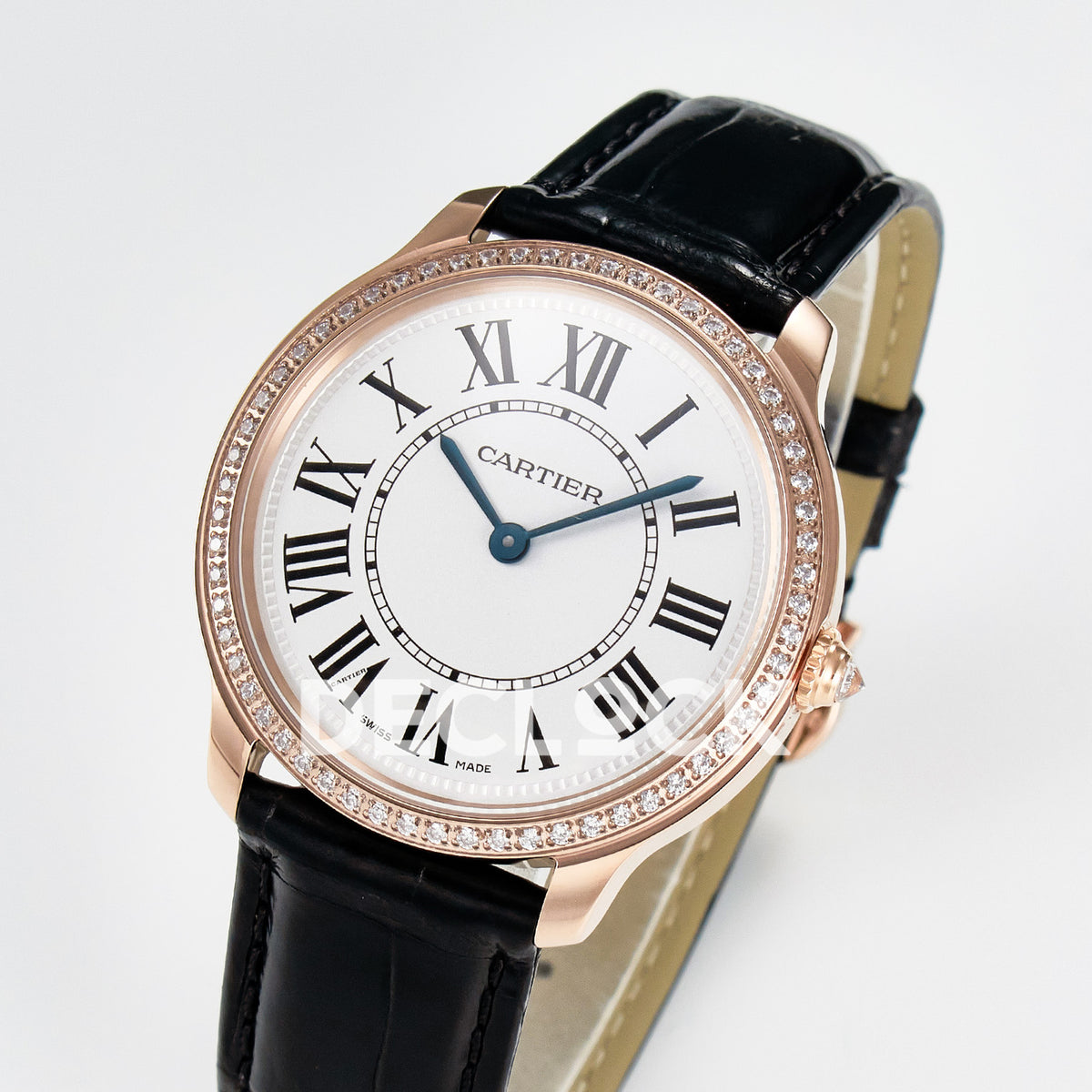 Cartier Ronde Louis Cartier 36mm Rose Gold Beige Dial Black Leather Stone Bezel Asian AAA+ Replica – three quarter
