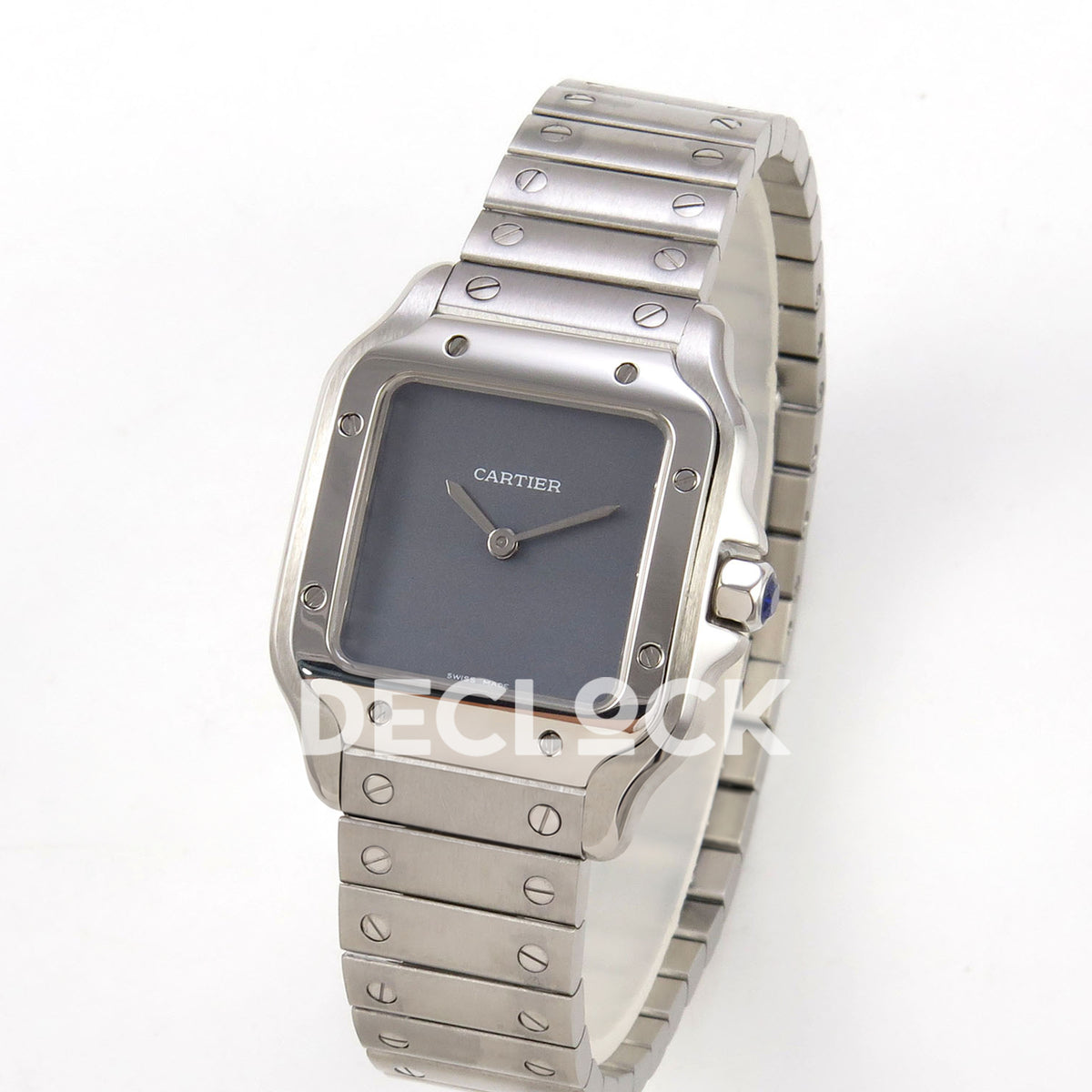 Cartier Santos 27mm 8848F with gray dial and stainless steel bracelet, angled front view