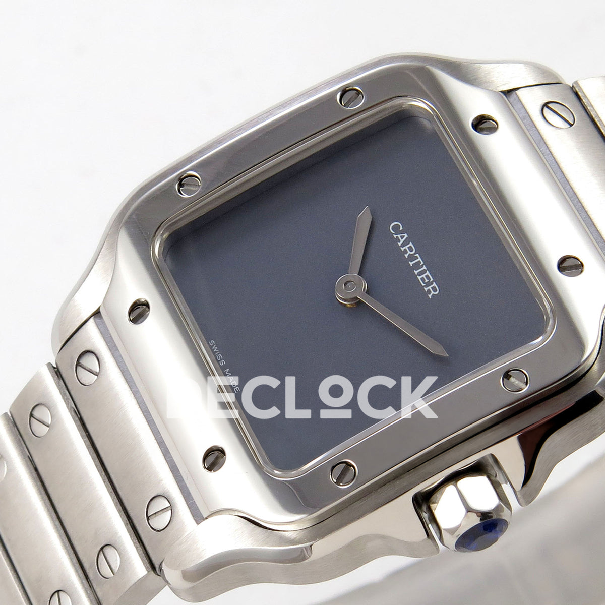 Cartier Santos 27mm 8848F with gray dial and stainless steel bracelet, crown dial angle