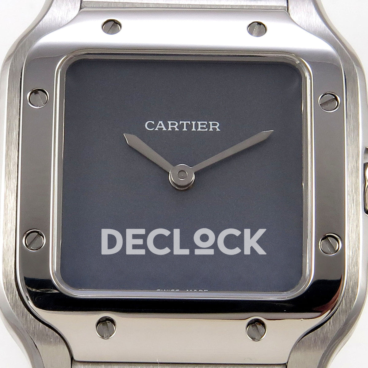Cartier Santos 27mm 8848F with gray dial and stainless steel bracelet, dial close up