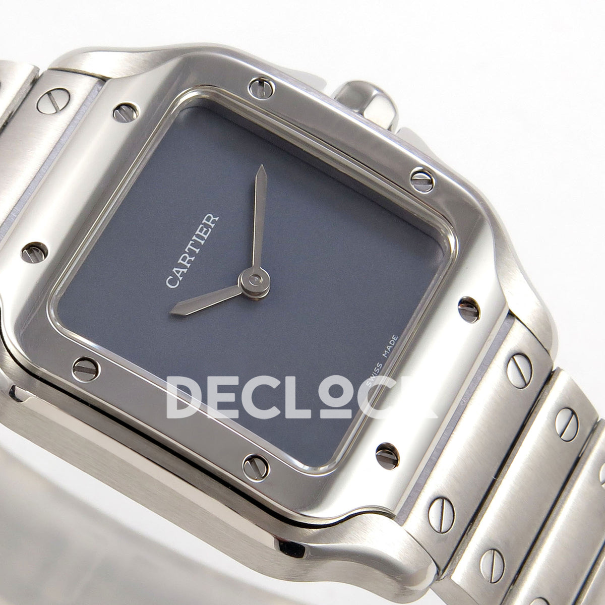 Cartier Santos 27mm 8848F with gray dial and stainless steel bracelet, opposite dial angle