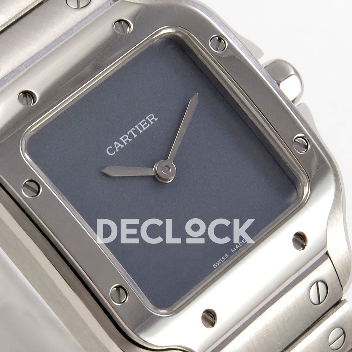 Cartier Santos 27mm 8848F with gray dial and stainless steel bracelet, tilted dial detail