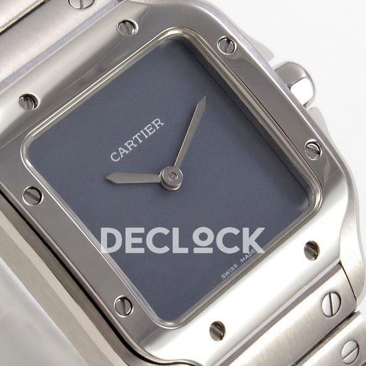 Cartier Santos 27mm 8848F with gray dial and stainless steel bracelet, tilted dial detail
