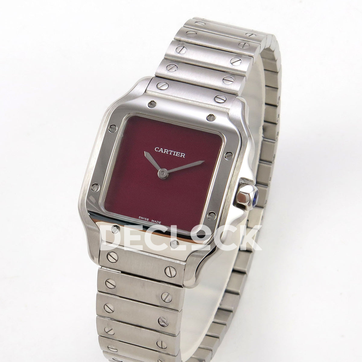 Cartier Santos 27mm 8848F with red dial and stainless steel bracelet, angled front view