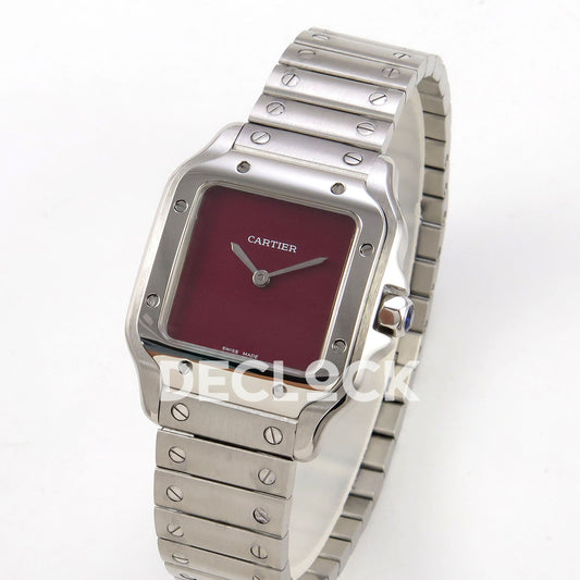 Cartier Santos 27mm 8848F with red dial and stainless steel bracelet, angled front view