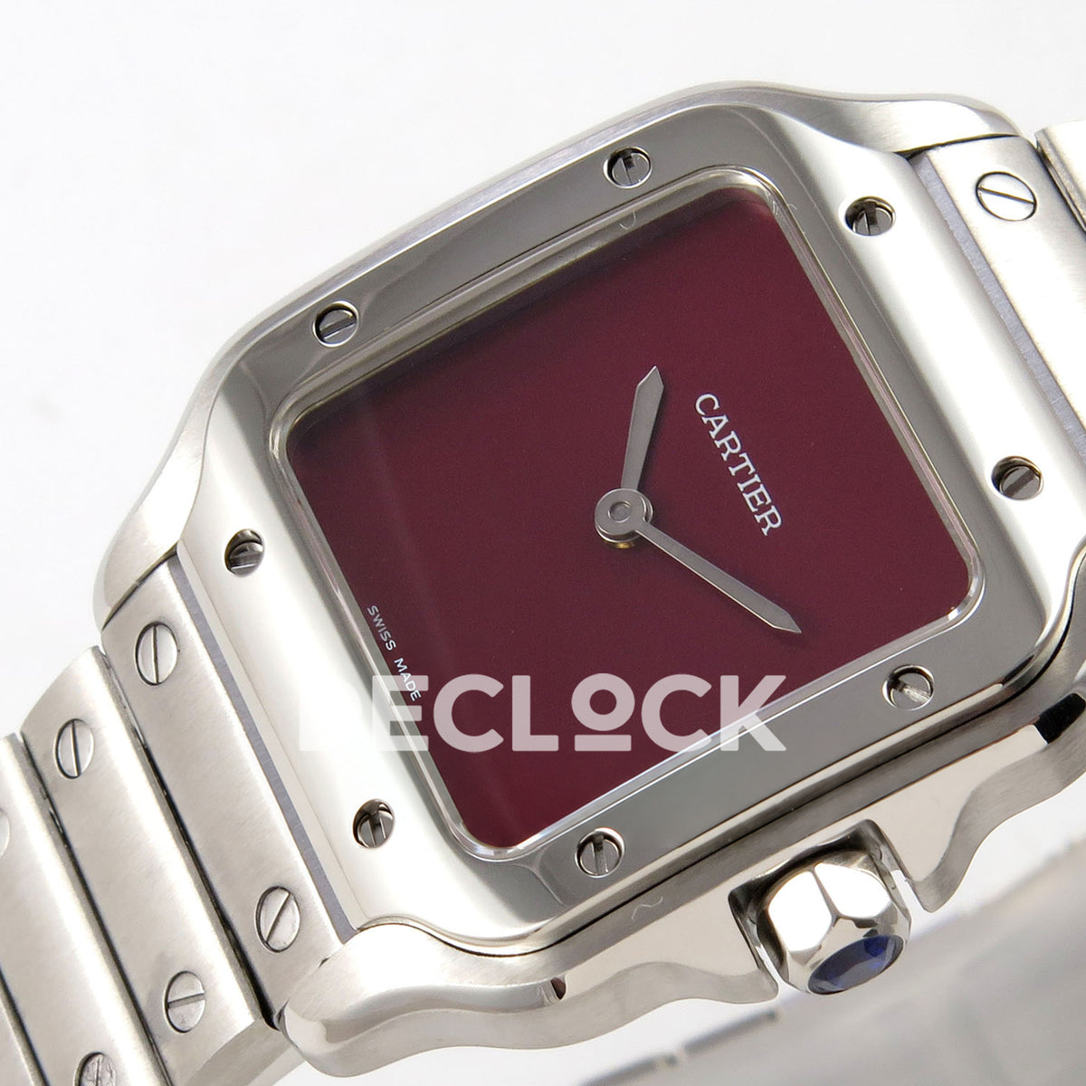 Cartier Santos 27mm 8848F with red dial and stainless steel bracelet, crown dial angle