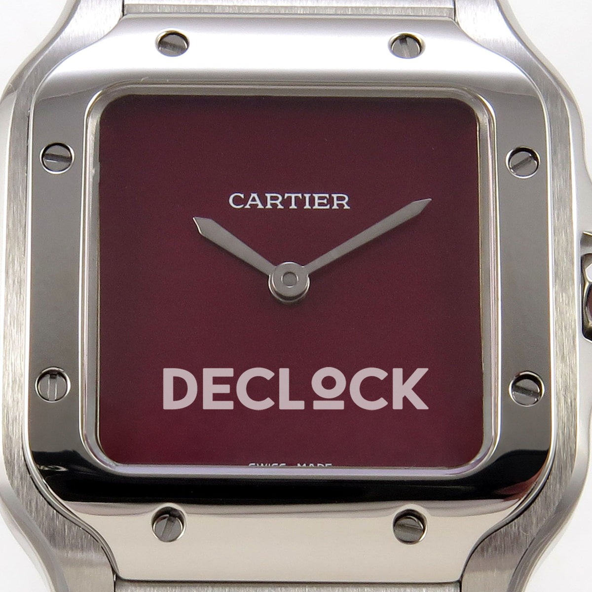 Cartier Santos 27mm 8848F with red dial and stainless steel bracelet, dial close up