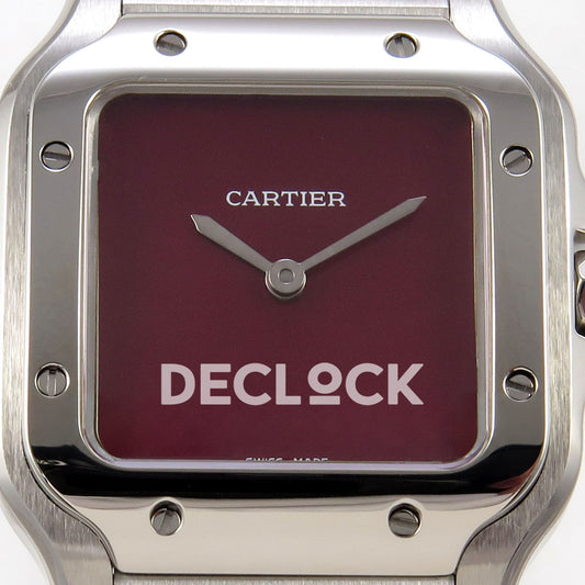 Cartier Santos 27mm 8848F with red dial and stainless steel bracelet, dial close up
