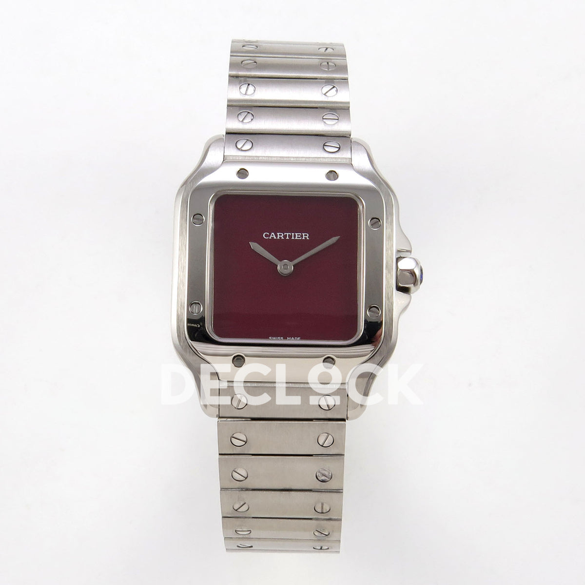 Cartier Santos 27mm 8848F with red dial and stainless steel bracelet, front view