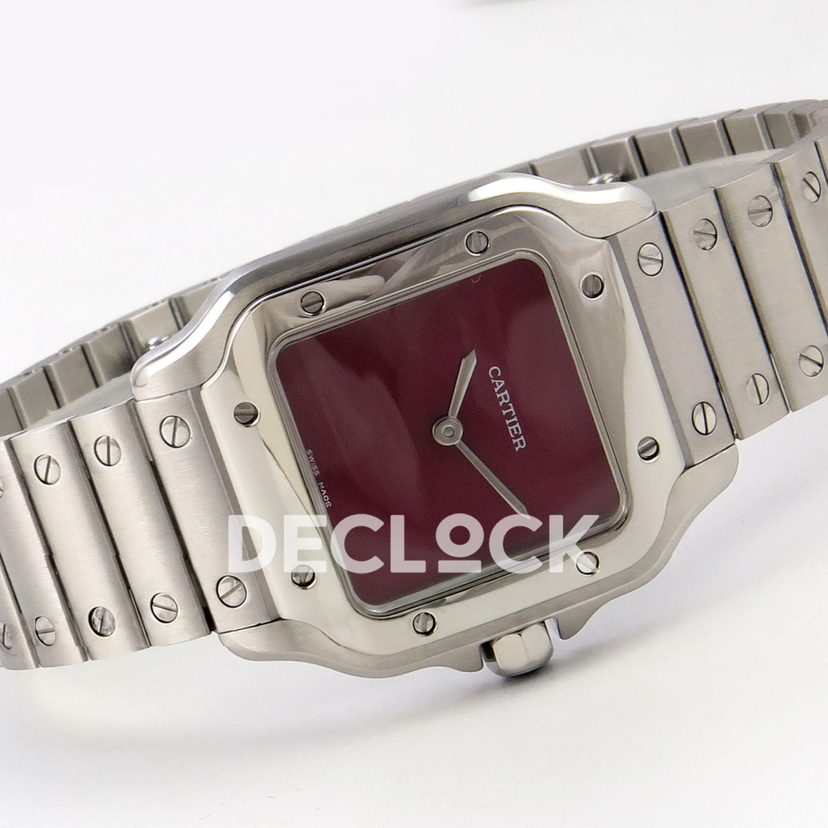 Cartier Santos 27mm 8848F with red dial and stainless steel bracelet, horizontal front view