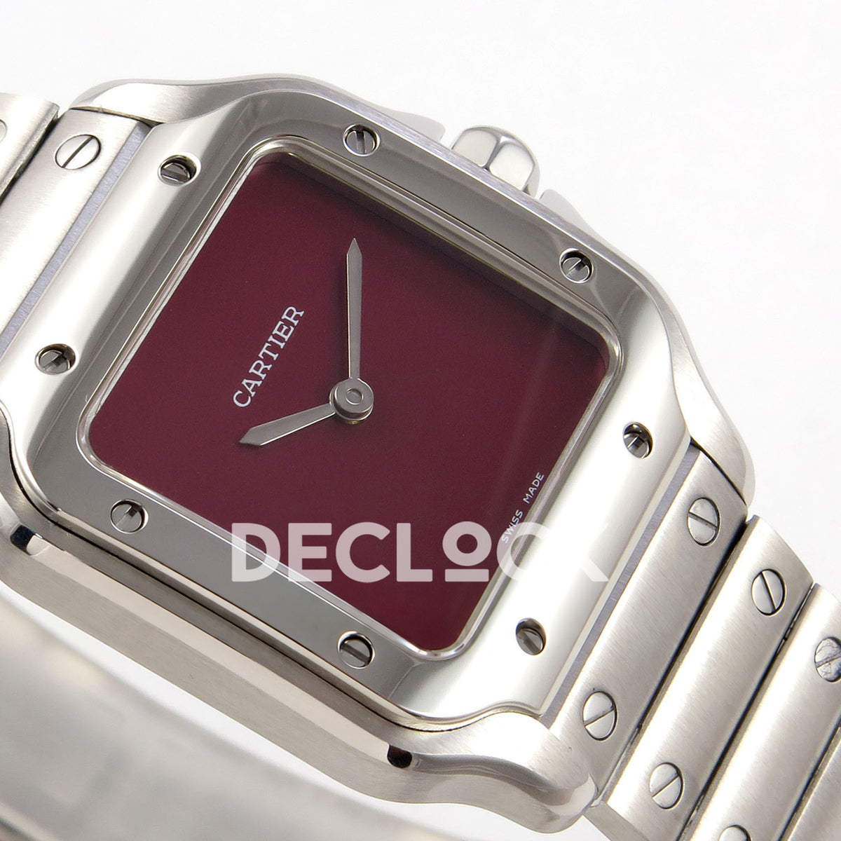 Cartier Santos 27mm 8848F with red dial and stainless steel bracelet, opposite dial angle