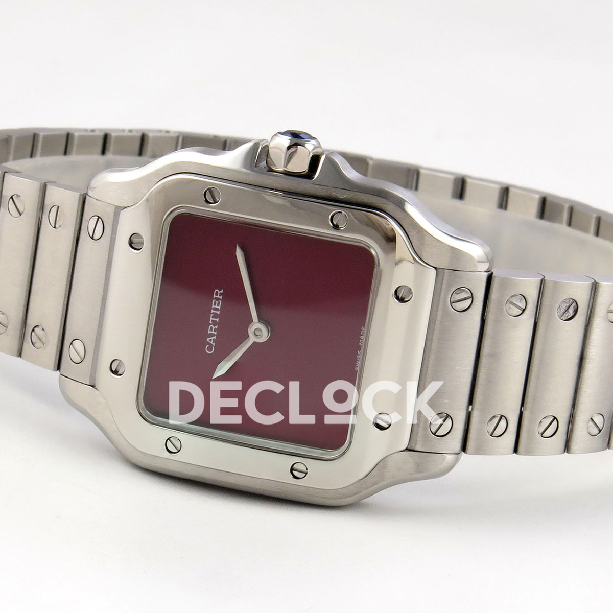 Cartier Santos 27mm 8848F with red dial and stainless steel bracelet, opposite horizontal view