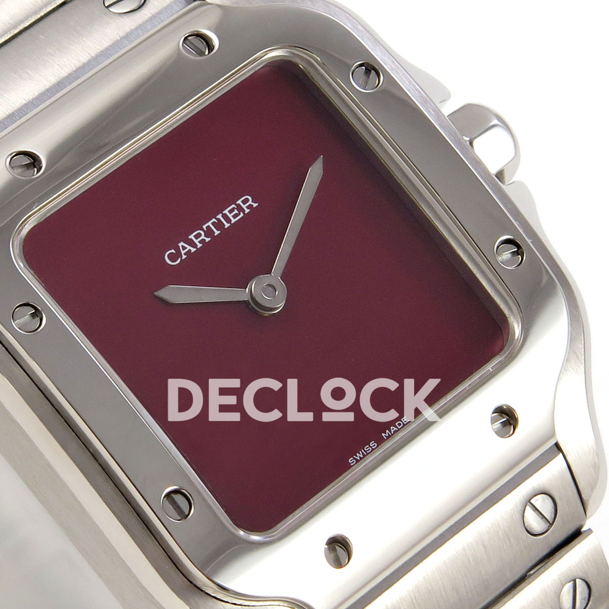 Cartier Santos 27mm 8848F with red dial and stainless steel bracelet, tilted dial detail
