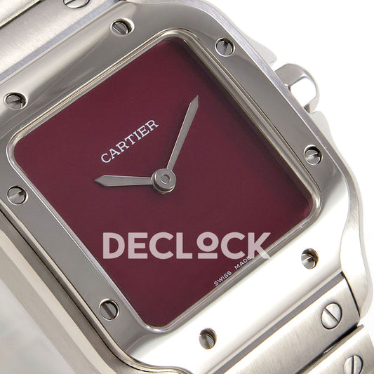 Cartier Santos 27mm 8848F with red dial and stainless steel bracelet, tilted dial detail
