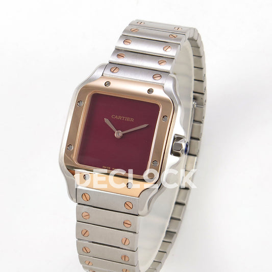 Cartier Santos 27mm 8848F with red dial and steel/rose gold bracelet, angled front view