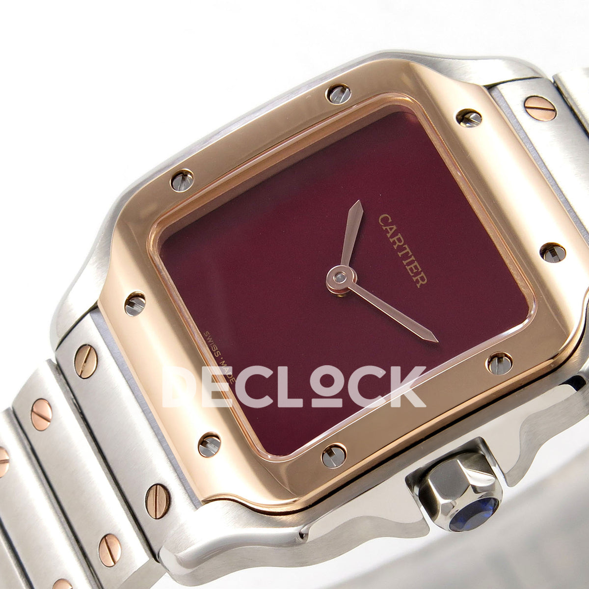 Cartier Santos 27mm 8848F with red dial and steel/rose gold bracelet, crown dial angle