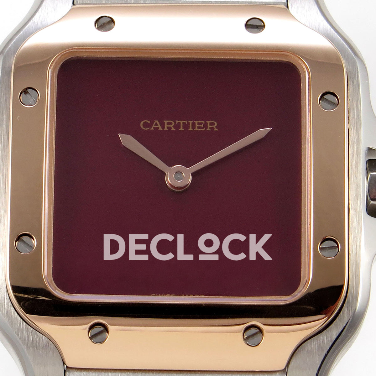 Cartier Santos 27mm 8848F with red dial and steel/rose gold bracelet, dial close up