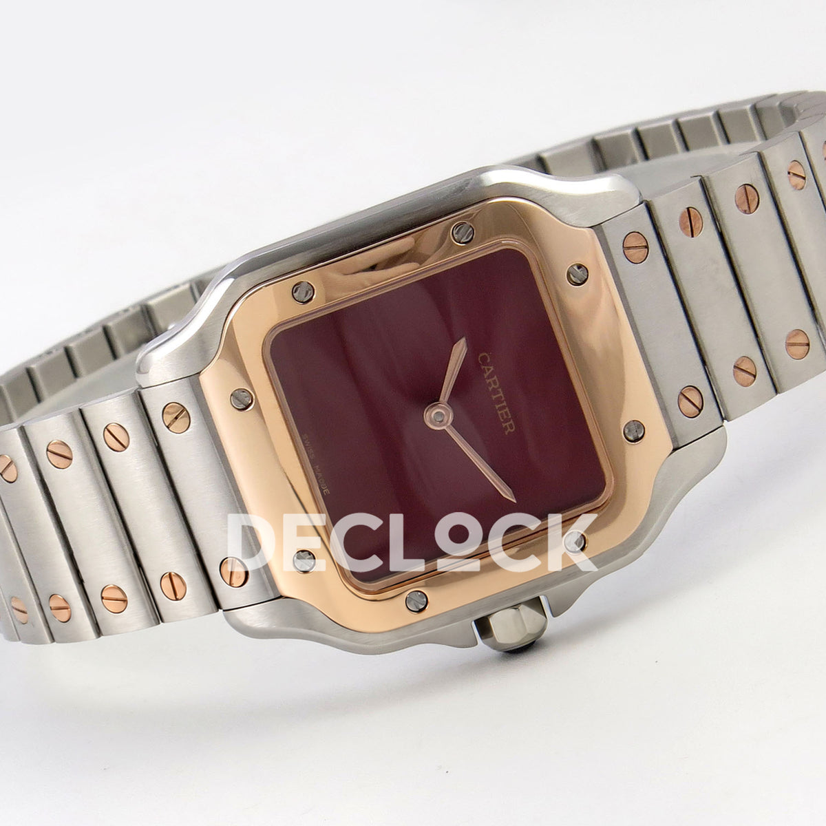 Cartier Santos 27mm 8848F with red dial and steel/rose gold bracelet, horizontal front view