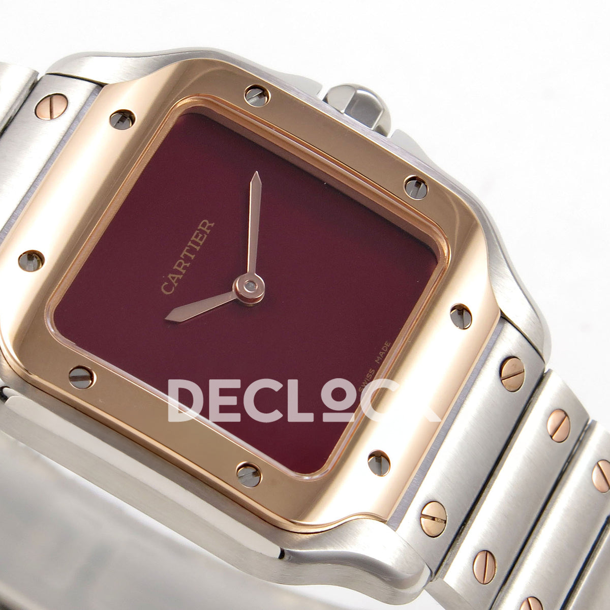Cartier Santos 27mm 8848F with red dial and steel/rose gold bracelet, opposite dial angle