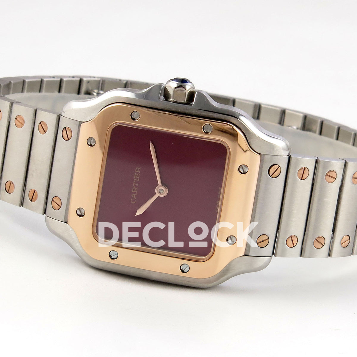Cartier Santos 27mm 8848F with red dial and steel/rose gold bracelet, opposite horizontal view