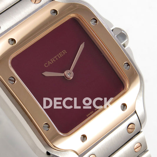 Cartier Santos 27mm 8848F with red dial and steel/rose gold bracelet, tilted dial detail