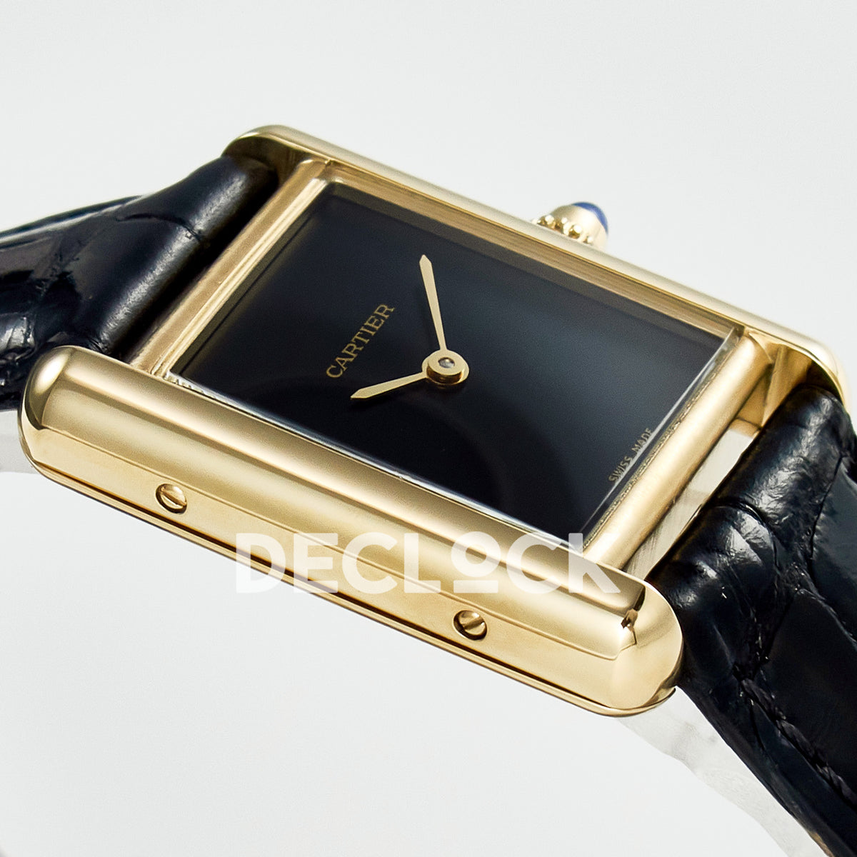 Cartier Tank Louis Small 29x22mm Yellow Gold Black Dial Black Leather Asian AAA+ Replica – case angle