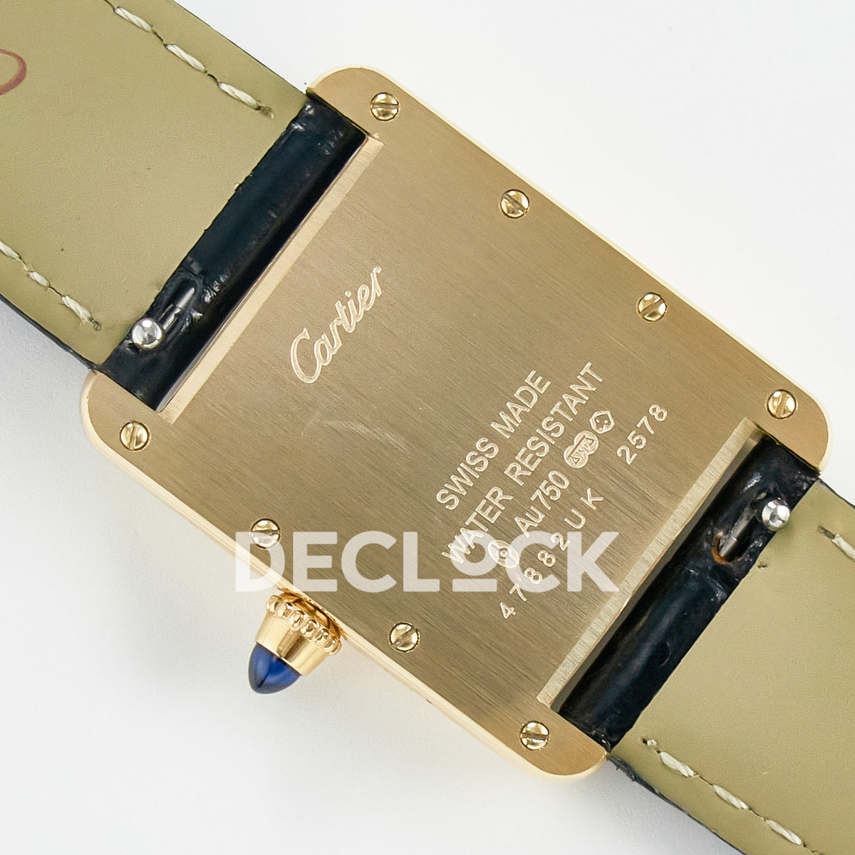 Cartier Tank Louis Small 29x22mm Yellow Gold Black Dial Black Leather Asian AAA+ Replica – caseback