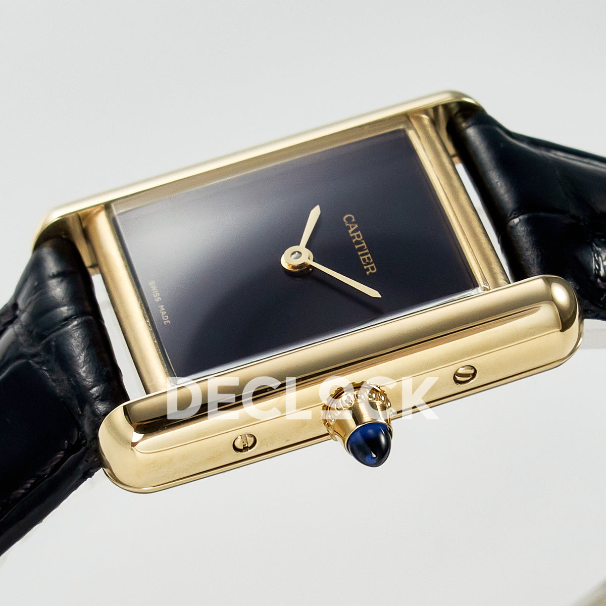 Cartier Tank Louis Small 29x22mm Yellow Gold Black Dial Black Leather Asian AAA+ Replica – crown angle